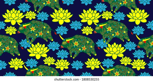 Seamless asian pattern with bull. Chinese new year. For traditional textile, fabric. Vector ornament