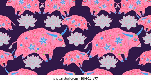 Seamless asian pattern with bull. Chinese new year. For traditional textile, fabric. Vector ornament