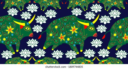 Seamless asian pattern with bull. Chinese new year. For traditional textile, fabric. Vector ornament