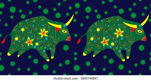 Seamless asian pattern with bull. Chinese new year. For traditional textile, fabric. Vector ornament