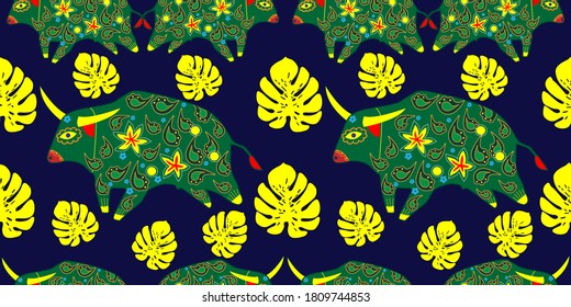 Seamless asian pattern with bull. Chinese new year. For traditional textile, fabric. Vector ornament