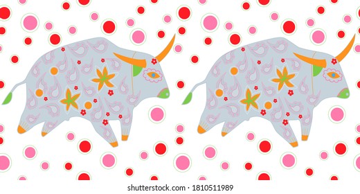 Seamless asian pattern with bull. Chinese new year. For traditional textile, fabric. Vector ornament