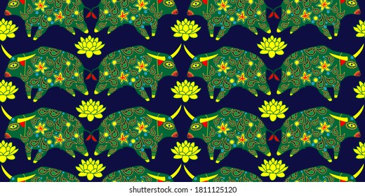 Seamless asian pattern with bull. Chinese new year. For traditional textile, fabric. Vector ornament