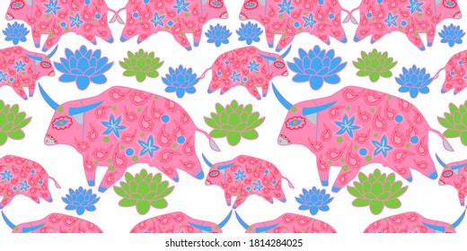 Seamless asian pattern with bull. Chinese new year. For traditional textile, fabric. Vector ornament