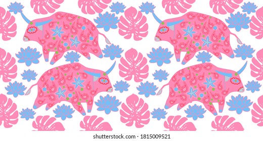 Seamless asian pattern with bull. Chinese new year. For traditional textile, fabric. Vector ornament