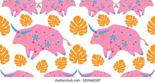 Patrón asiático sin foco con toro. Año nuevo chino. Para textiles tradicionales, tela. Ornamento vectorial
