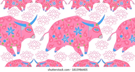 Seamless asian pattern with bull. Chinese new year. For traditional textile, fabric. Vector ornament
