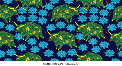 Seamless asian pattern with bull. Chinese new year. For traditional textile, fabric. Vector ornament