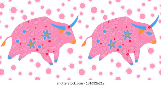 Seamless asian pattern with bull. Chinese new year. For traditional textile, fabric. Vector ornament