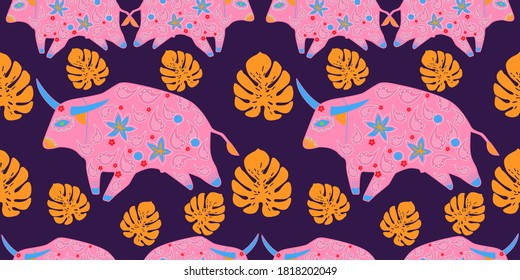 Seamless asian pattern with bull. Chinese new year. For traditional textile, fabric. Vector ornament