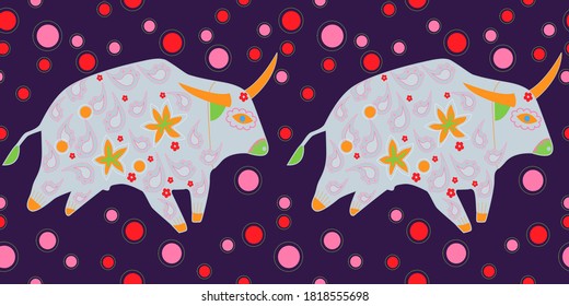 Seamless asian pattern with bull. Chinese new year. For traditional textile, fabric. Vector ornament