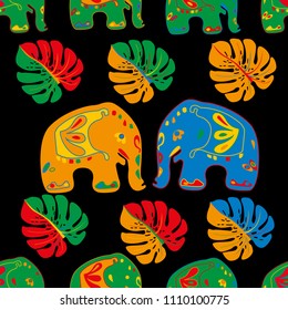 Seamless asian pattern with elephants. For traditional textile, t-shirts, fabric. Indian design. Vector ornament