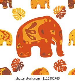 Seamless asian pattern with elephants. For traditional textile, t-shirts, fabric. Indian design. Vector ornament