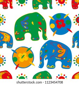 Seamless asian pattern with elephants. For traditional textile, t-shirts, fabric. Indian design. Vector ornament