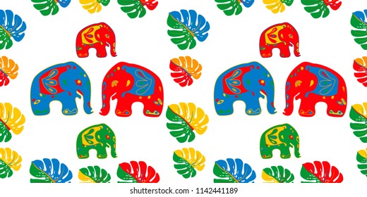 Seamless asian pattern with elephants. For traditional textile, t-shirts, fabric. Indian design. Vector ornament