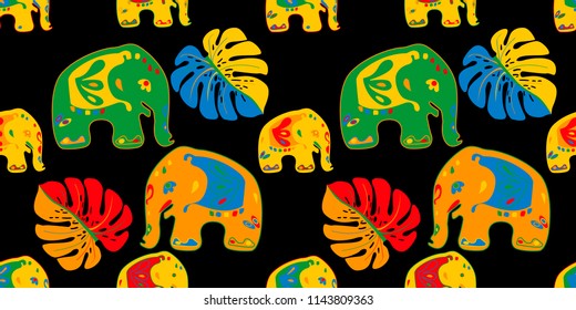 Seamless asian pattern with elephants. For traditional textile, t-shirts, fabric. Indian design. Vector ornament