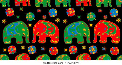Seamless asian pattern with elephants. For traditional textile, t-shirts, fabric. Indian design. Vector ornament