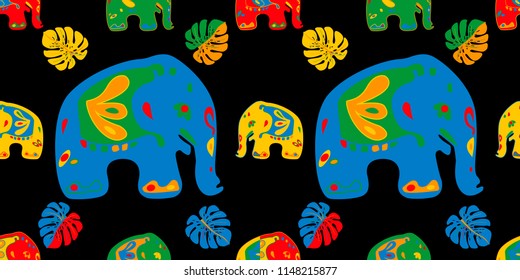 Seamless asian pattern with elephants. For traditional textile, t-shirts, fabric. Indian design. Vector ornament