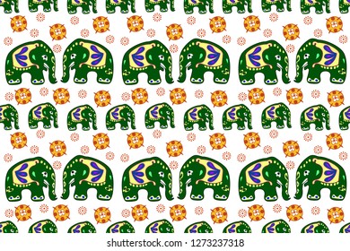 Seamless asian pattern with elephants. For traditional textile, t-shirts, fabric. Indian design. Vector ornament