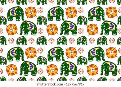 Seamless asian pattern with elephants. For traditional textile, t-shirts, fabric. Indian design. Vector ornament