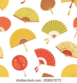 Seamless Asian pattern with Japanese folding paper hand fans on white background. Endless repeatable Chinese texture with oriental objects. Flat vector illustration for printing and decoration