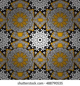 Seamless asian pattern of mandalas with colored elements on brown background.