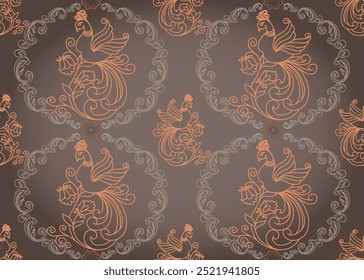 Seamless Asian peacock border, damask, brown and gold.