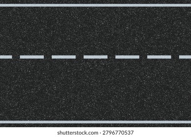 Seamless asphalt road texture. Top down view of dark grainy highway background with white dashed line. Textured macadam surface backdrop. Rough grainy road design. vector illustration