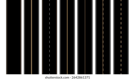 Seamless asphalt top view road race track or highway yellow pathway types set in flat vector style isolated on white background. Roads map path line for transportation concept or mockup infographic