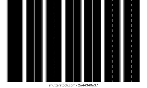 Seamless asphalt top view road, race track or highway pathway types in flat vector illustration style isolated on white background. Roads map path line for transportation concept or mockup infographic