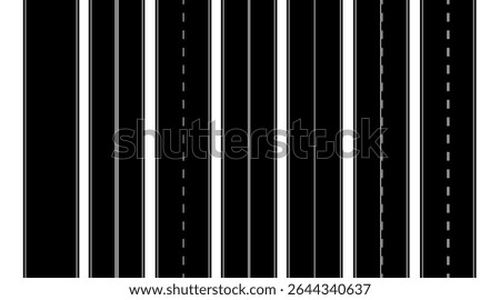 Seamless asphalt top view road, race track or highway pathway types in flat vector illustration style isolated on white background. Roads map path line for transportation concept or mockup infographic