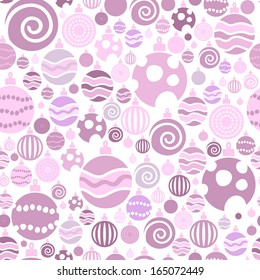 Seamless Assorted Christmas balls background in monochrome pink.