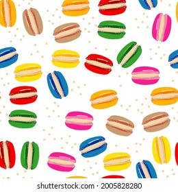 Seamless assorted macarons pattern. Macaron background. Traditional French almond cookies in different colors, isolated vector illustration in cute cartoon and realistic style. Macaroons