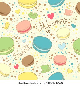 Seamless assorted macarons pattern. Macaroon background. Vector illustrations