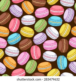 Seamless assorted macarons pattern. Macaroon background - dark color.