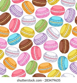 Seamless assorted macarons pattern. Macaroon background - white color.