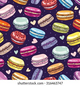 Seamless assorted macarons pattern. Macaroon background