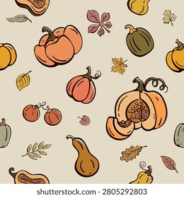 Seamless assorted pumpkin and autumn foliage pattern. Hand-drawn botanical vector background for harvest festival promotion and kitchen decor. Complex arrangement of diverse squash varieties, sliced pumpkin pieces, and mixed fallen leaves for seasonal textile prints, rustic kitchen wall art, grocery store signage, and festive paper goods.