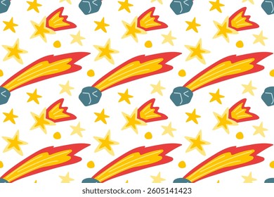 Seamless Asteroid pattern. Meteor. Space rock flying from outer space. Space. Cartoon Vector cosmos illustration in funny doodle children's style. Background For wallpaper, wrapping, scrapbooking