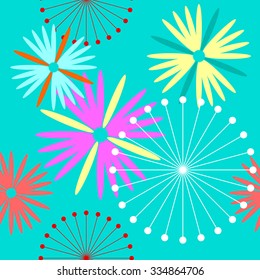 Seamless asters and dandelions retro pattern. 1960s style. Pink and yellow on blue. Backgrounds & textures shop.

