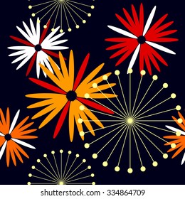 Seamless asters and dandelions retro pattern. 1960s style. Red and yellow on dark blue. Backgrounds & textures shop.
