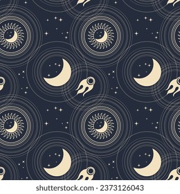 Seamless astrological pattern in boho style, golden mystical esoteric symbols of the moon, sun, stars on a dark background. Print, astronomical background. Vector