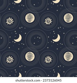 Seamless astrological pattern in boho style, golden mystical esoteric symbols of the moon, sun, stars on a dark background. Print, astronomical background. Vector