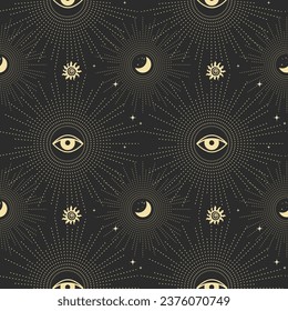 Seamless astrological pattern in boho style, golden mystical esoteric symbols of the moon, sun, stars on a dark background. Print, astronomical background. Vector