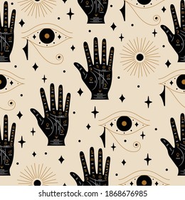 Seamless Astrology Palmistry Pattern in Vector with Palm and Horus Eye.