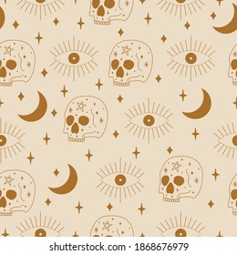 Seamless Astrology Skull and Eye Pattern in Vector.