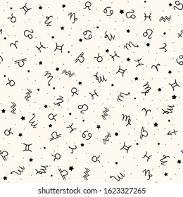 Seamless astrology vector pattern with horoscope signs and small stars. Mystic monocrome backround for fortunetelling concept