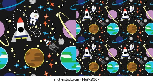 Seamless Astronaut In Space with Colorfull Planets, Rockets and Stars, Cartoon Flat Icon Logo Avatar