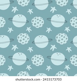 Seamless astronomy pattern. Funny planets and stars. Baby pattern. For clothing, packaging, wrapping paper, cover, wallpaper