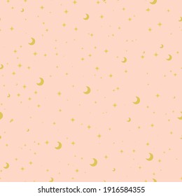 Seamless astronomy pattern with moon and stars. Trendy boho texture and mid century art print. Design for web banner, fabric textile print, packaging.
